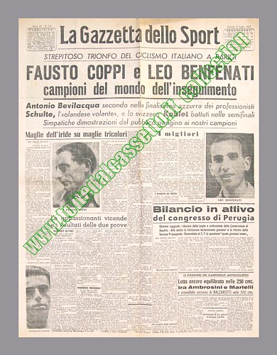 LA GAZZETTA DELLO SPORT del 31 luglio 1947 - A Parigi gli italiani Fausto Coppi e Leo Benfenati sono campioni mondiali dell'inseguimento su pista