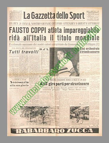 LA GAZZETTA DELLO SPORT del 31 agosto 1953 - A Lugano Fausto Coppi, atleta impareggiabile, dopo 21 anni di attesa ridà all'Italia il titolo mondiale su strada