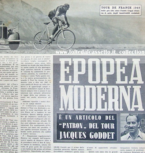 LO SPORT ILLUSTRATO del 12 giugno 1952 - Una bella immagine di Fausto Coppi scalatore al Tour de France 1949 accompagna l'articolo "Epopea Moderna" di Jacques Goddet, patron della corsa