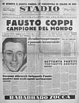 STADIO del 31 agosto 1953 dedica l'intera prima pagina a Fausto Coppi, Campione del Mondo di ciclismo su strada