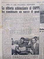 TEMPO SPORT del 6 ottobre 1947 - In fotografia Fausto Coppi appena arrivato nel Giro dell'Emilia. Una vittoria schiacciante che fa emergere molte problematiche legate alle corse ciclistiche...