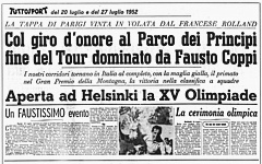 TUTTOSPORT del 27 luglio 1952 - Fausto Coppi vince per la seconda volta il Tour de France