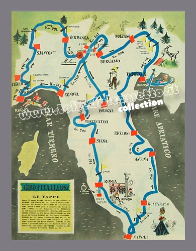 GIRO D'ITALIA 1952 - Cartina illustrata delle 20 tappe in programma per complessivi 3879 chilometri