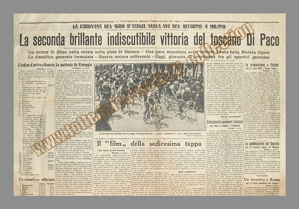 IL TELEGRAFO del 5 giugno 1935 - Il toscano Raffaele di Paco vince la tappa Viareggio-Genova, battendo in volata Olmo e Binda