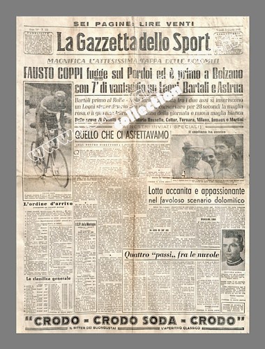 LA GAZZETTA DELLO SPORT del 3 giugno 1949 - Sulle Dolomiti Fausto Coppi va in fuga solitaria e vince la tappa Bassano-Bolzano