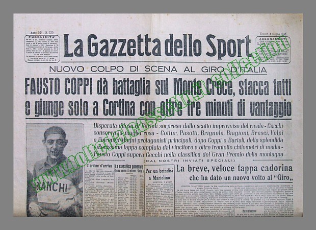LA GAZZETTA DELLO SPORT del 4 giugno 1948 - Al 31 Giro d'Italia Fausto Coppi vince la tappa Auronzo-Cortina
