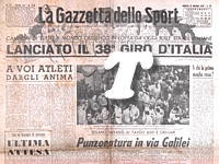 LA GAZZETTA DELLO SPORT del 14 maggio 1955 - Tutta la prima pagina dedicata alla partenza da Milano del 38° Giro d'Italia