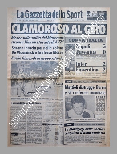 LA GAZZETTA DELLO SPORT del 15 maggio 1978 - Clamoroso al 61 Giro d'Italia: Moser attacca sulla salita del Macerone e stronca Thurau