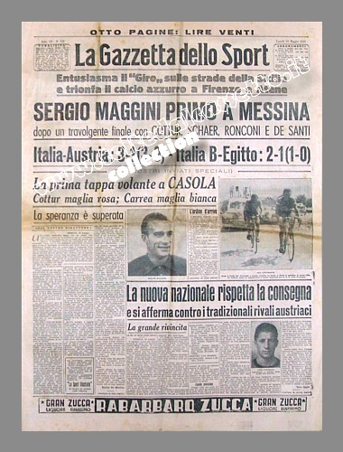 LA GAZZETTA DELLO SPORT del 23 maggio 1949 - Con un travolgente finale Sergio Maggini vince a Messina e Cottur indossa la maglia rosa