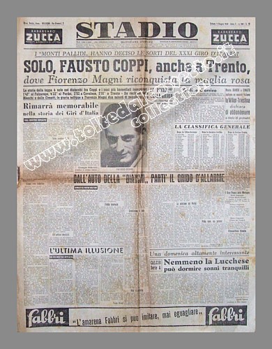 STADIO del 5 giugno 1948 - al 31 Giro d'Italia Fausto Coppi vince la tappa Cortina-Trento e Fiorenzo Magni conquista la maglia rosa