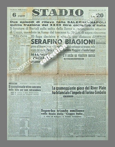 STADIO del 27 maggio 1949 - Al 32 Giro d'Italia Serafino Biagioni vince la tappa Salerno-Napoli con oltre quattro minuti di vantaggio sul gruppo