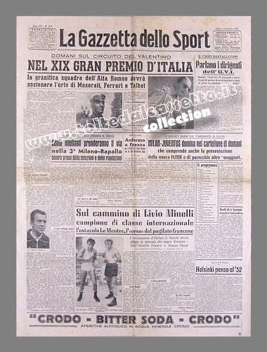LA GAZZETTA DELLO SPORT del 4 settembre 1948 - A Torino, sul circuito del Valentino, si svolge il XIX Gran Premio d'Italia di automobilismo