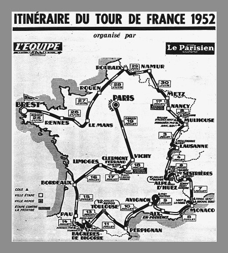 TOUR DE FRANCE 1952 - Cartina con itinerario