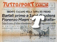 TUTTOSPORT (Edizione Carlin del 26 luglio 1950) - Gli italiani abbandonano il Tour dopo l'aggressione in corsa subita da Bartali, che comunque era arrivato primo a Saint-Gaudens