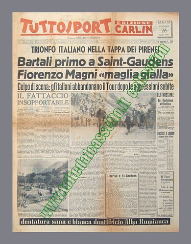 TUTTOSPORT (Edizione Carlin) del 26 luglio 1950 - Al 37 Tour de France Gino Bartali vince la tappa pirenaica con arrivo a Saint-Gaudens dopo essere stato insultato e aggredito