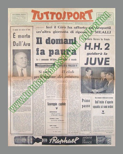 TUTTOSPORT del 4 giugno 1964 - Quattro giorni prima dello spareggio con l'Inter, che frutter al Bologna lo scudetto 1963-'64, muore improvvisamente il presidente degli emiliani Renato Dall'Ara