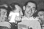 A Firenze l'abbraccio di Fausto Coppi (campione del mondo) col rivale di sempre Gino Bartali (campione italiano)