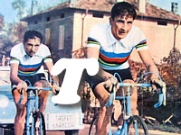 TROFEO BARACCHI 1953 - Una bella immagine a colori che ritrae un passaggio della coppia iridata. Il promettente Filippi sta tirando davanti a Coppi