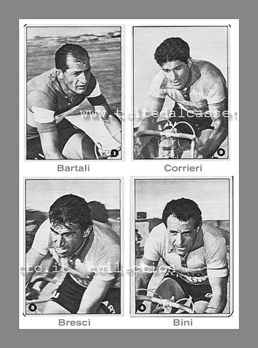 Collage fotografico con Gino Bartali e i suoi fidi gregari (Corrieri, Bresci e Bini)