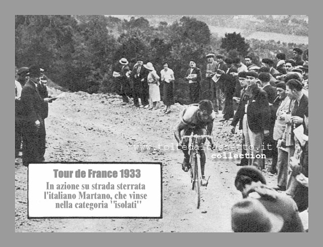 TOUR DE FRANCE 1933 - In azione su strada sterrata l'italiano Giuseppe Martano, che vinse nella categoria "isolati". Da dilettante fu due volte campione del mondo (1930 e 1932) e campione italiano nel 1932