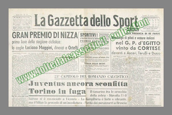 LA GAZZETTA DELLO SPORT del 10 marzo 1947 - Luciano Maggini vince il Gran Premio di Nizza, prima gara ciclistica della stagione, davanti al compagno di squadra Vito Ortelli