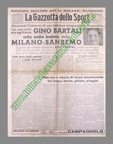 LA GAZZETTA DELLO SPORT del 20 marzo 1947 - Con una corsa strepitosa nella pioggia e nel fango, Gino Bartali vince la Milano-Sanremo, arrivando da solo sul traguardo della citta dei fiori...