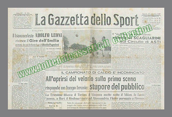 LA GAZZETTA DELLO SPORT del 23 settembre 1946 - Adolfo Leoni rivince il Giro dell'Emilia, il primo del dopoguerra