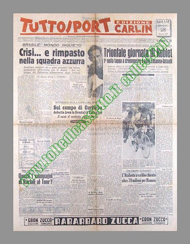 TUTTOSPORT (Edizione Carlin) del 28 giugno 1950 - Trionfale giornata di Hugo Koblet che, nella stessa giornata, riporta due vittorie al Giro della Svizzera