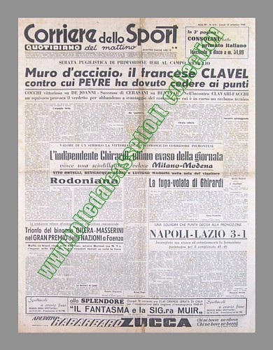 CORRIERE DELLO SPORT del 13 settembre 1948 - Nella serata pugilistica internazionale al Campo Artiglio di Roma Egisto Peyre è sconfitto ai punti dal francese Emanuel Clavel