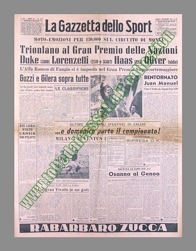 LA GAZZETTA DELLO SPORT del 7 settembre 1953 - Le moto italiane Guzzi e Gilera si affermano nel "Gran Premio delle Nazioni" sul circuito di Monza e assicurano all'Italia 4 titoli mondiali