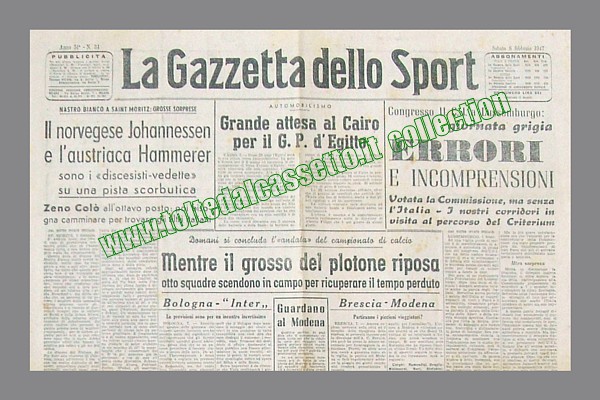 LA GAZZETTA DELLO SPORT dell'8 febbraio 1947 - Grande attesa al Cairo per il Gran Premio Automobilistico d'Egitto