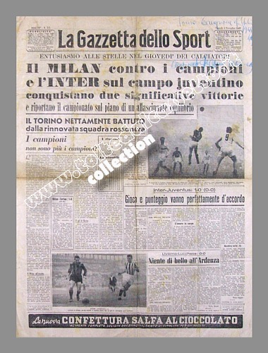 LA GAZZETTA DELLO SPORT del 3 novembre 1948 - L'Inter vince a Torino per 1-0 contro la Juventus. A Milano invece i cugini rossoneri sconfiggono i campioni del Torino