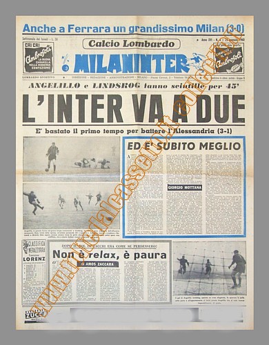 MILANINTER (Calcio Lombardo) del 25 gennaio 1960 - In campionato L'Inter batte l'Alessandria per 3-1. Angelillo e Lindskog fanno scintille per 45'