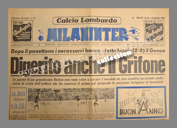 MILANINTER (Calcio Lombardo) del 28 dicembre 1959 - A Milano l'Inter batte il Genoa per 2-0: dopo il panettone i nerazzurri digeriscono anche il Grifone...