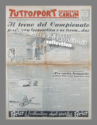 TUTTOSPORT del 15 novembre 1950 (Edizione Carlin) - Il treno del Campionato perde una locomotiva (il Milan) e ne trova... due (Inter e Juve). Masseroni preoccupato per la troppa euforia dei tifosi nerazzurri