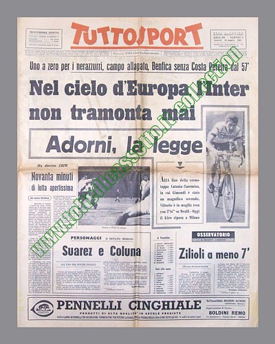 TUTTOSPORT del 28 maggio 1965 - A Milano, su un campo allagato, l'Inter supera il Benfica per 1-0 e conquista un'altra Coppa dei Campioni...