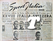 SPORT ITALIA (Organo ufficiale dei pronostici S.I.S.A.L.) - del 24 aprile 1947 - Presentazione del XVIII incontro di calcio Italia-Svizzera. In campo molti giocatori del "Grande Torino"