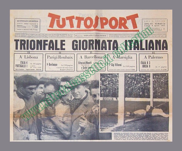 TUTTOSPORT del 9 aprile 1951 - Cinque memorabili vittorie internazionali dello sport italiano conquistate nel calcio, nel ciclismo, nell'automobilismo e nel motociclismo...