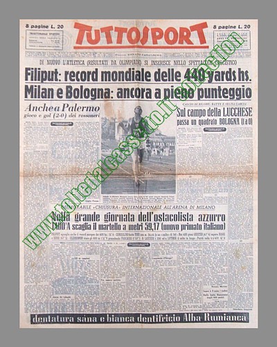 TUTTOSPORT del 9 ottobre 1950 - Armando Filiput, in una riunione internazionale all'Arena di Milano, conquista il record mondiale delle 440 yards ad ostacoli